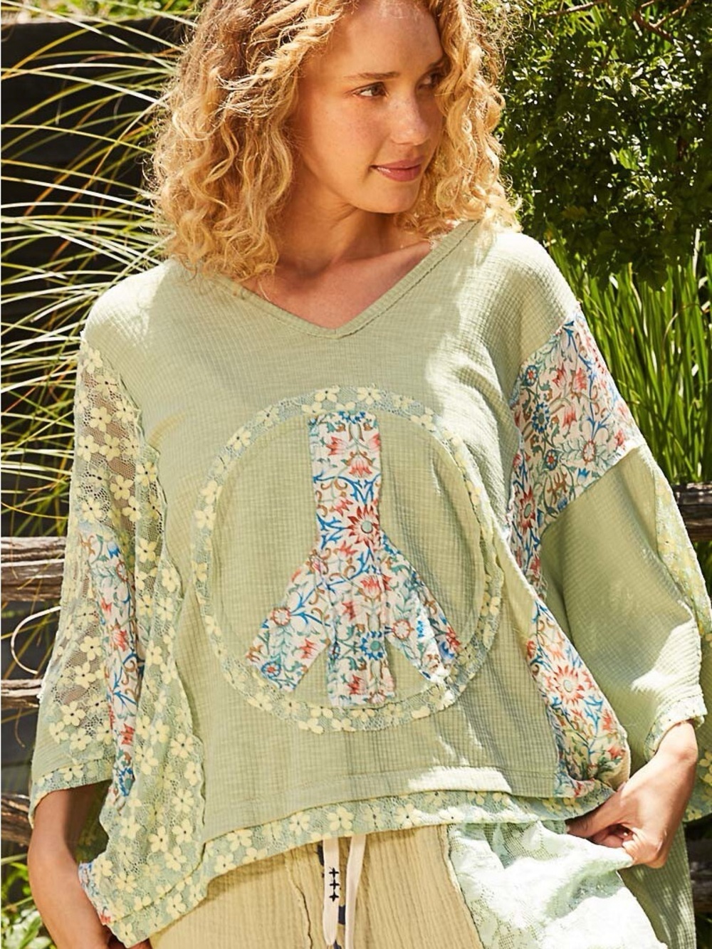 POL Sage Green Floral Peace Applique Short Sleeve Top